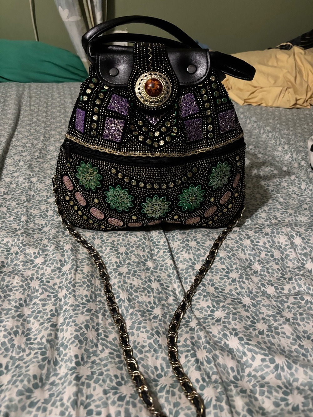 Vintage embellished beaded shoulder bag with crossbody strap multicolor